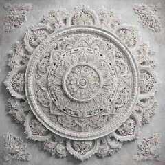 Obraz premium Ornate, circular, carved, plaster, ceiling medallion. Detailed, intricate, floral, mandala-like design in light gray/white