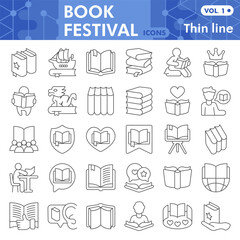 Book festival symbols collection or sketches, books theme in linear style signs for web and app. Vector graphics isolated on white background.