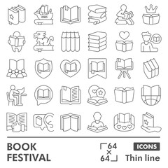 Book festival symbols collection or sketches, books theme in linear style signs for web and app. Vector graphics isolated on white background.