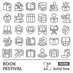 Book festival symbols collection or sketches, books theme in line style signs for web and app. Vector graphics isolated on white background.