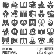Book festival symbols collection or sketches, books theme in glyph style signs for web and app. Vector graphics isolated on white background.