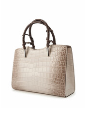 Elegant beige leather handbag with croc pattern and brown handles for luxury fashion