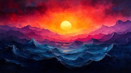 Fiery Sunset Over a Serene Ocean and Majestic Mountains