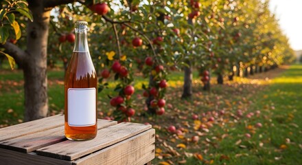 A bottle of apple cider with a blank label, sitting on a rustic wooden crate in an apple orchard in the fall, surrounded by red apples.