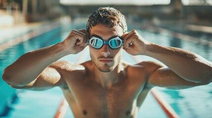 A muscular swimmer adjusting goggles in a swimming pool.