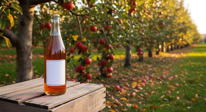A bottle of apple cider with a blank label, sitting on a rustic wooden crate in an apple orchard in the fall, surrounded by red apples.