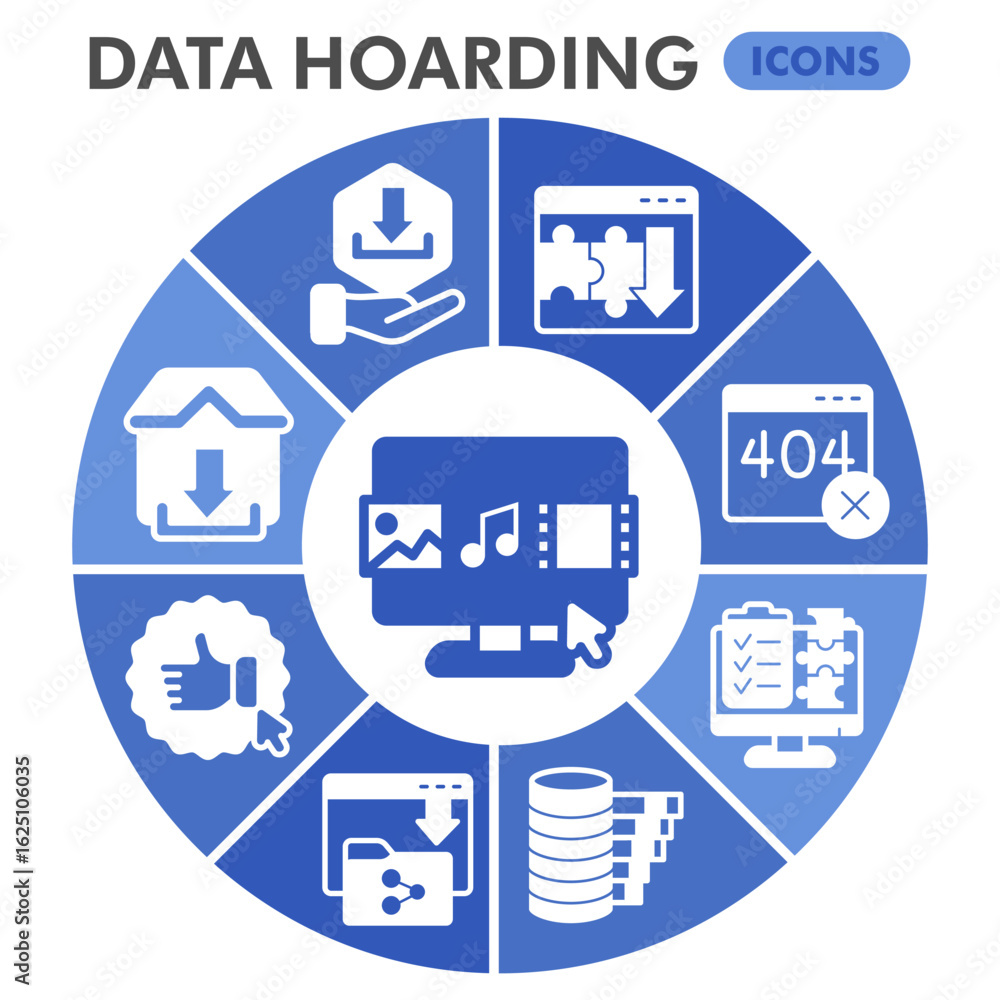 Poster data hoarding symbols collection or sketches, disk storage theme bubble with glyph style signs for w