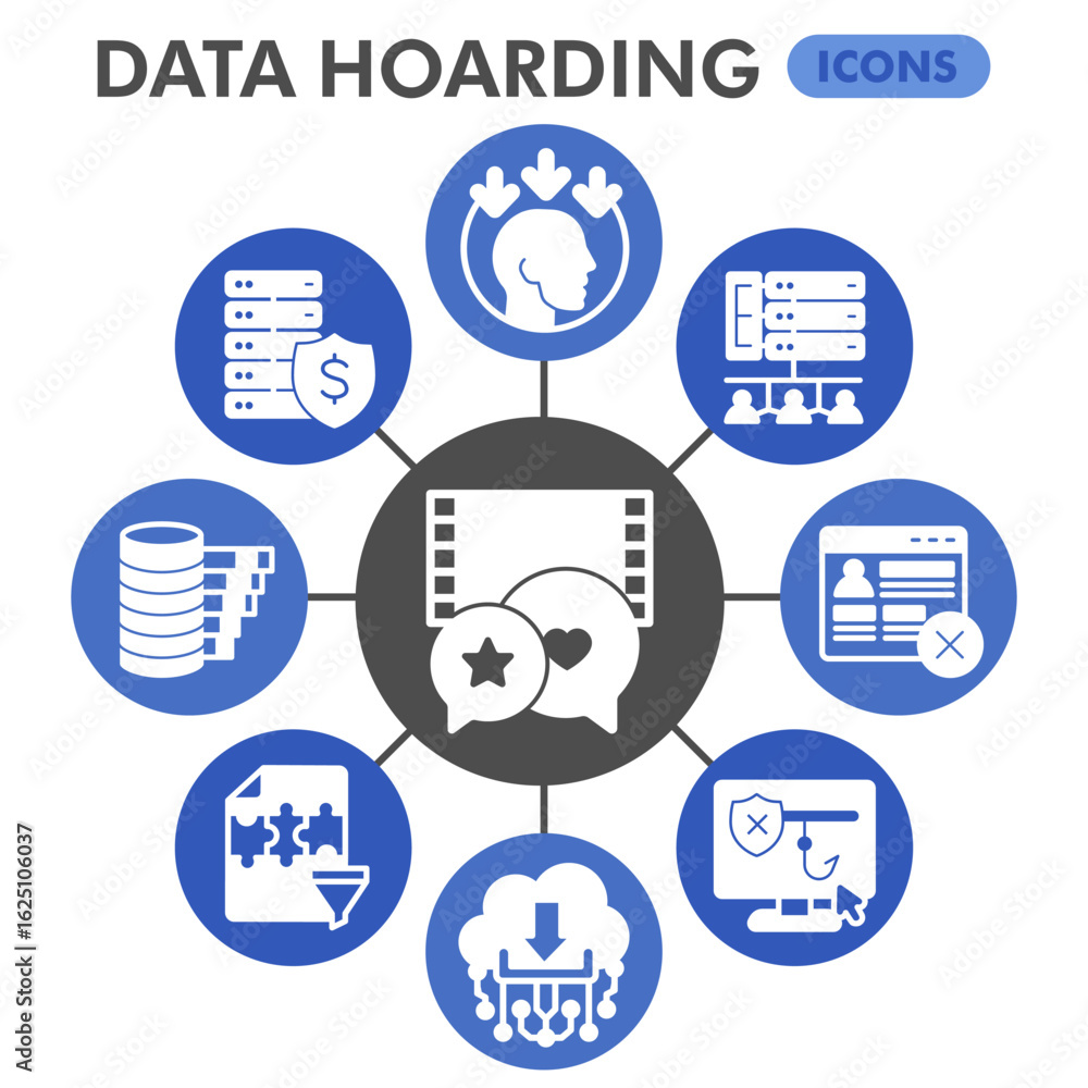 Poster data hoarding symbols collection or sketches, disk storage theme bubble with glyph style signs for w