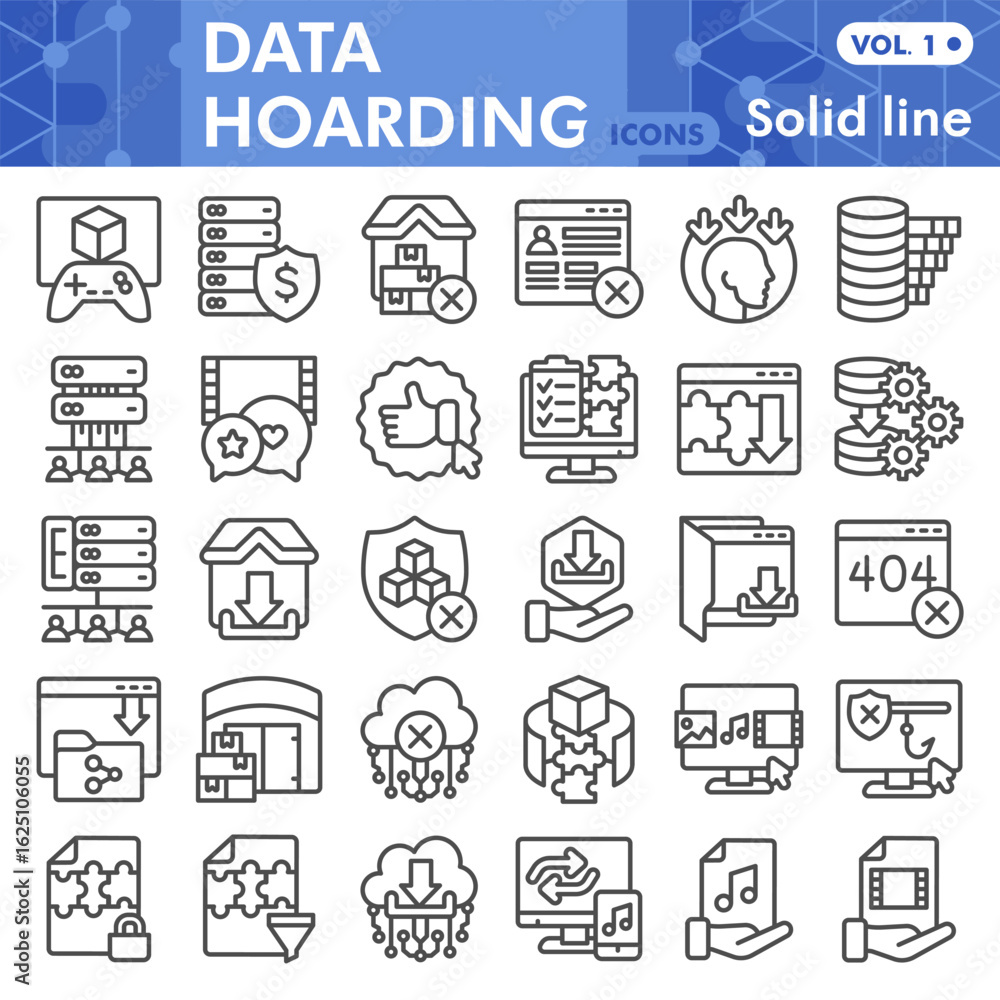 Poster data hoarding symbols collection or sketches, disk storage theme in line style signs for web and app