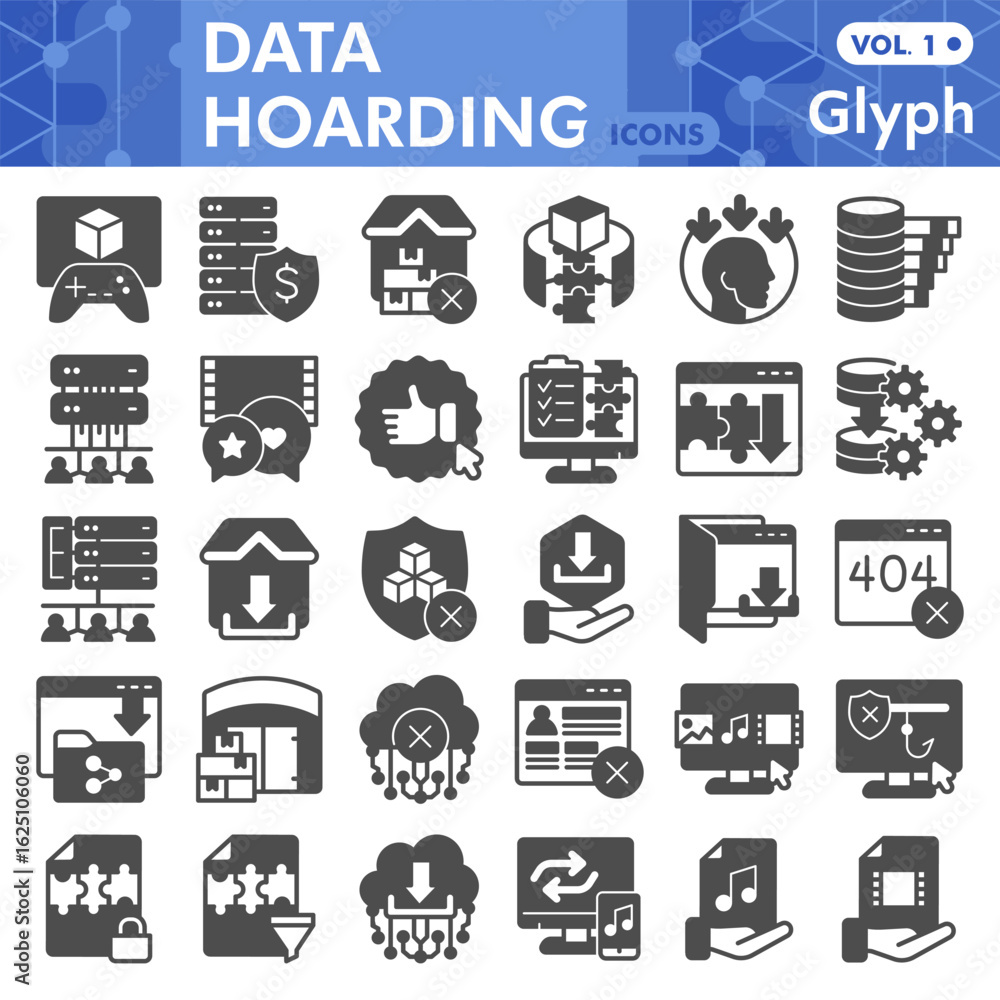 Poster data hoarding symbols collection or sketches, disk storage theme in glyph style signs for web and ap