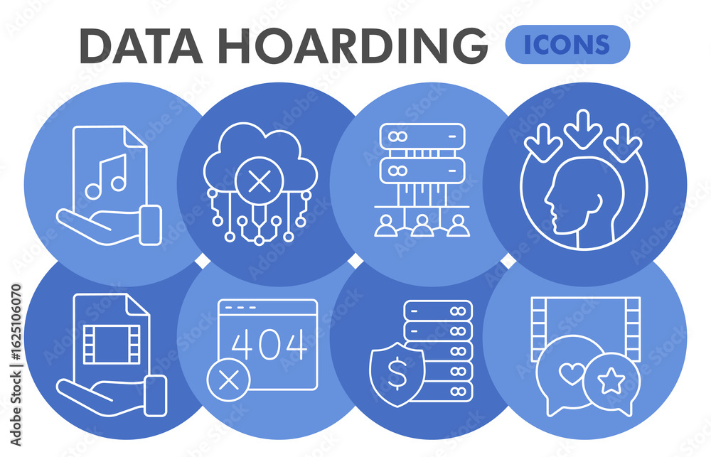 Poster data hoarding symbols collection or sketches, disk storage theme bubble with thin line style signs f