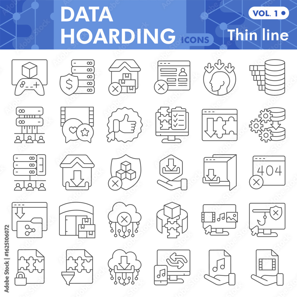 Poster data hoarding symbols collection or sketches, disk storage theme in linear style signs for web and a