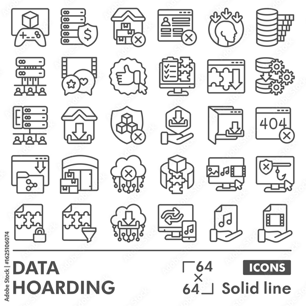 Poster data hoarding symbols collection or sketches, disk storage theme in line style signs for web and app