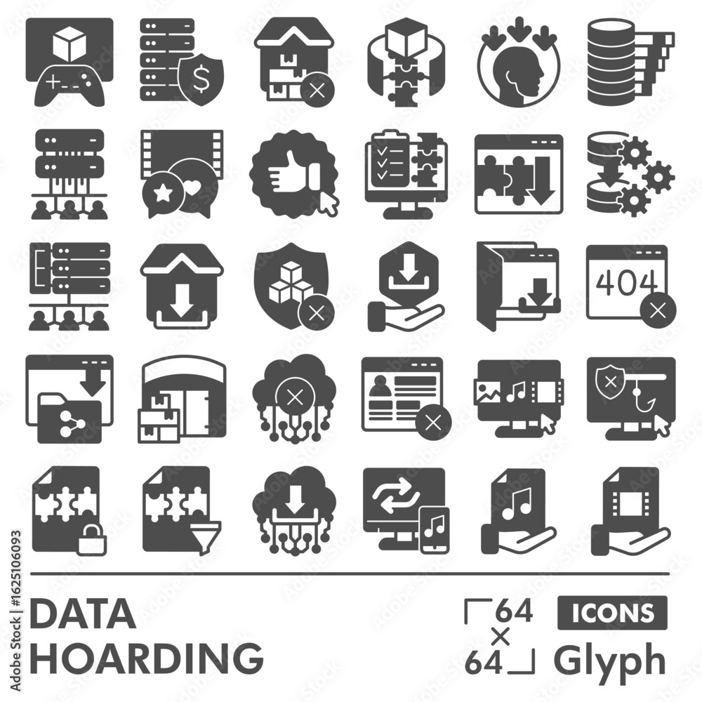 Poster data hoarding symbols collection or sketches, disk storage theme in glyph style signs for web and ap