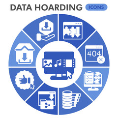 Data hoarding symbols collection or sketches, disk storage theme bubble with glyph style signs for web and app. Vector graphics isolated on white background.