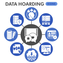 Data hoarding symbols collection or sketches, disk storage theme bubble with glyph style signs for web and app. Vector graphics isolated on white background.
