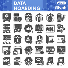 Data hoarding symbols collection or sketches, disk storage theme in glyph style signs for web and app. Vector graphics isolated on white background.