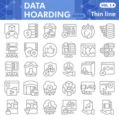 Data hoarding symbols collection or sketches, disk storage theme in linear style signs for web and app. Vector graphics isolated on white background.