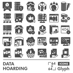 Data hoarding symbols collection or sketches, disk storage theme in glyph style signs for web and app. Vector graphics isolated on white background.