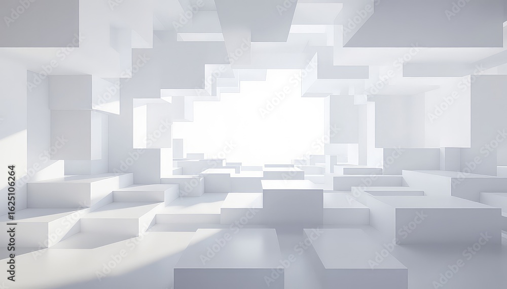 Poster abstract labyrinth of geometric shapes and bright light, a maze of solid blocks and shadows against 