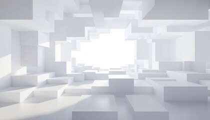 Abstract labyrinth of geometric shapes and bright light, a maze of solid blocks and shadows against a light background