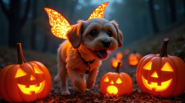 Halloween dog with fairy wings among jack-o'-lanterns in spooky forest playful mood festive atmosphere - Powered by Adobe