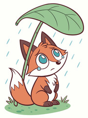 Sad fox with leaf umbrella in the rain — emotional animal vector in a forest scene

