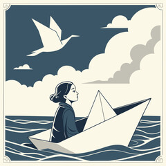 Girl sailing a paper boat with origami bird in a dreamy vintage ocean vector scene

