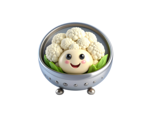 Adorable smiling cauliflower character with a kawaii face in a shiny metal colander.