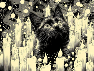 A mysterious black cat observes the world around it in a room full of candles, creating a spiritual or halloween atmosphere.