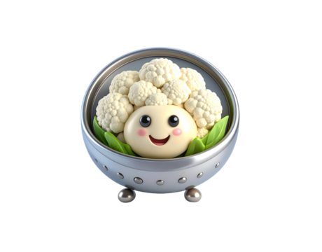 Adorable smiling cauliflower character with a kawaii face in a shiny metal colander. - Powered by Adobe