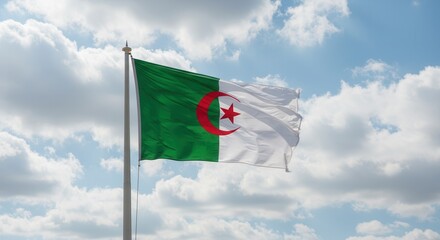 Algeria National Flag Waving on Tall Flagpole in Sky with Clouds – Algeria Independence Day Celebration, Patriotism, Freedom, Algerian Culture & Heritage