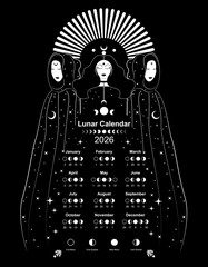 Wiccan Moon calendar 2026 and Moon Phases. Lunar phases schedule and cycles, Mystical triple goddess, priestesses. Gothic Witch wicca female sacred design. Black background