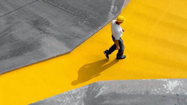 Construction worker walking yellow path with concrete surroundings wearing safety helmet showing contrast and shadow calm focused