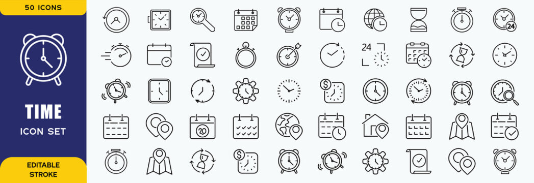 Time line icons set. Timer, alarm clock, wristwatch, smart watch, hourglass, schedule calendar vector illustration. Outline signs about notification. Editable Strok