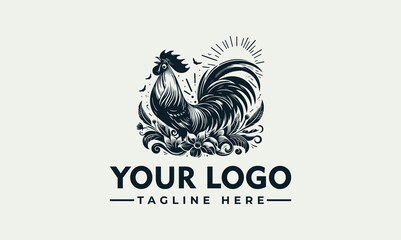 A stylized rooster illustration with floral elements, sun rays, and customizable text, perfect for branding.