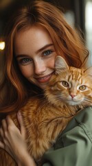 Redhead Woman Holding Ginger Cat, Affectionate Portrait