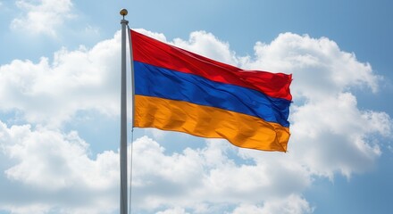 Armenia National Flag Waving on Tall Flagpole in Sky with Clouds – Armenian Independence Day Celebration, Patriotism, Freedom, Armenia Culture & Heritage