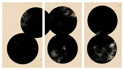 Three panels of circles, black and light beige