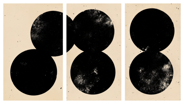 Three panels of circles, black and light beige