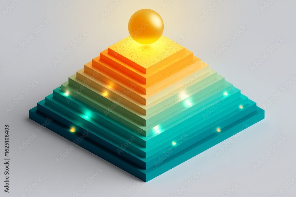 Poster glowing elements in vibrant tones are prominently displayed in a colorful layered pyramid, highlight