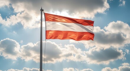 Austria National Flag Waving on Tall Flagpole in Sky with Clouds – Austria Independence Day Celebration, Patriotism, Freedom, Austrian Culture & Heritage