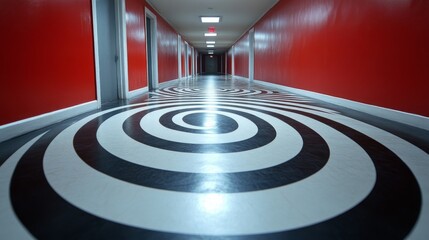 Hypnotic Hallway: Red Walls and Swirling Black and White Floor