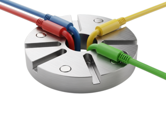 Colorful data cables connecting to a central industrial hub