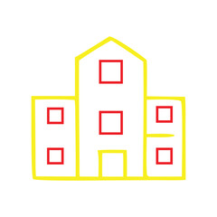 A simple, minimalistic house drawing with geometric shapes. The house is outlined in yellow with windows and doors represented as red squares.
