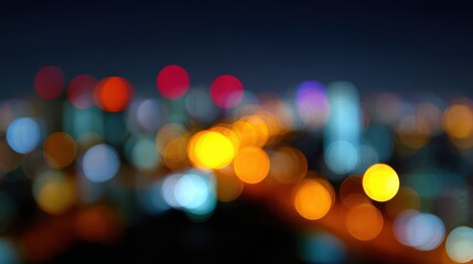 Fototapeta premium Abstract background of blurred city lights at night, creating a dreamy and vibrant urban backdrop. Bokeh, lively.