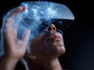 Person wearing a VR headset, immersed in a virtual simulation of a scientific model. Virtual reality, visualization. Futuristic.