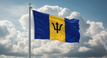 Barbados National Flag Waving on Tall Flagpole in Sky with Clouds – Barbados Independence Day Celebration, Patriotism, Freedom, Barbados Culture & Heritage