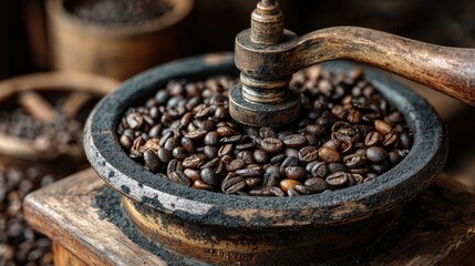 Vintage coffee grinder with roasted beans in wooden setting.