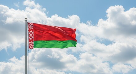 Belarus National Flag Waving on Tall Flagpole in Sky with Clouds – Belarus Independence Day Celebration, Patriotism, Freedom, Belarus Culture & Heritage